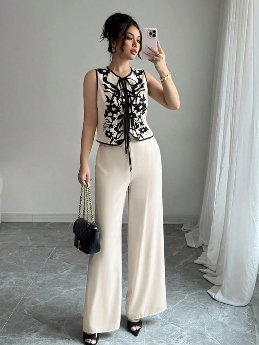 Ensemble Blouse Imprimée À Nouer Devant Et Pantalon