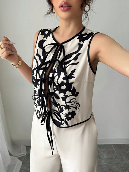 Ensemble Blouse Imprimée À Nouer Devant Et Pantalon