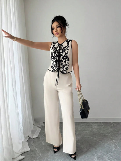 Ensemble Blouse Imprimée À Nouer Devant Et Pantalon