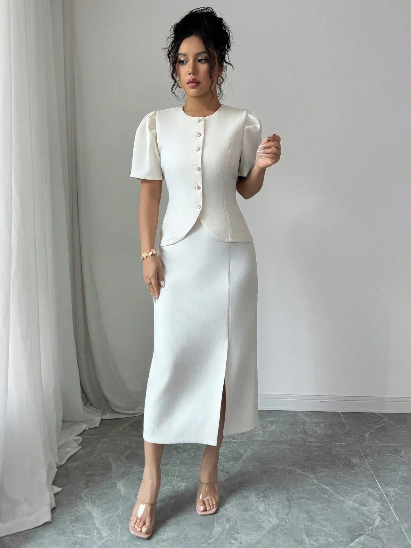 Ensemble Blazer Et Jupe En Laine Couleur Abricot Élégant