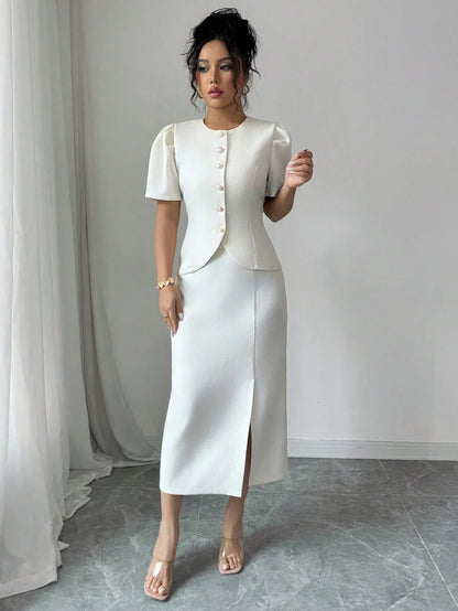 Ensemble Blazer Et Jupe En Laine Couleur Abricot Élégant