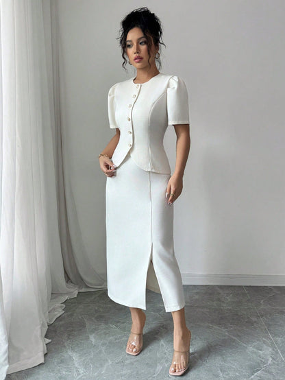 Ensemble Blazer Et Jupe En Laine Couleur Abricot Élégant