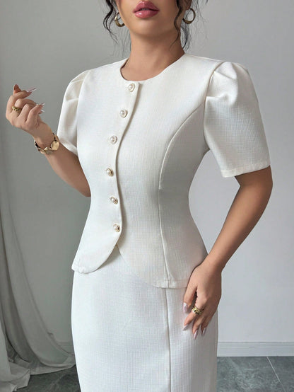 Ensemble Blazer Et Jupe En Laine Couleur Abricot Élégant