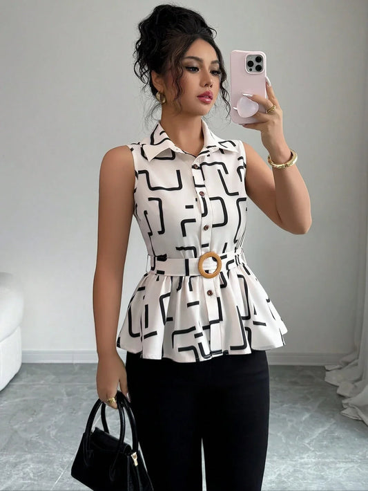 Blouse Géométrique À Ourlet Volanté