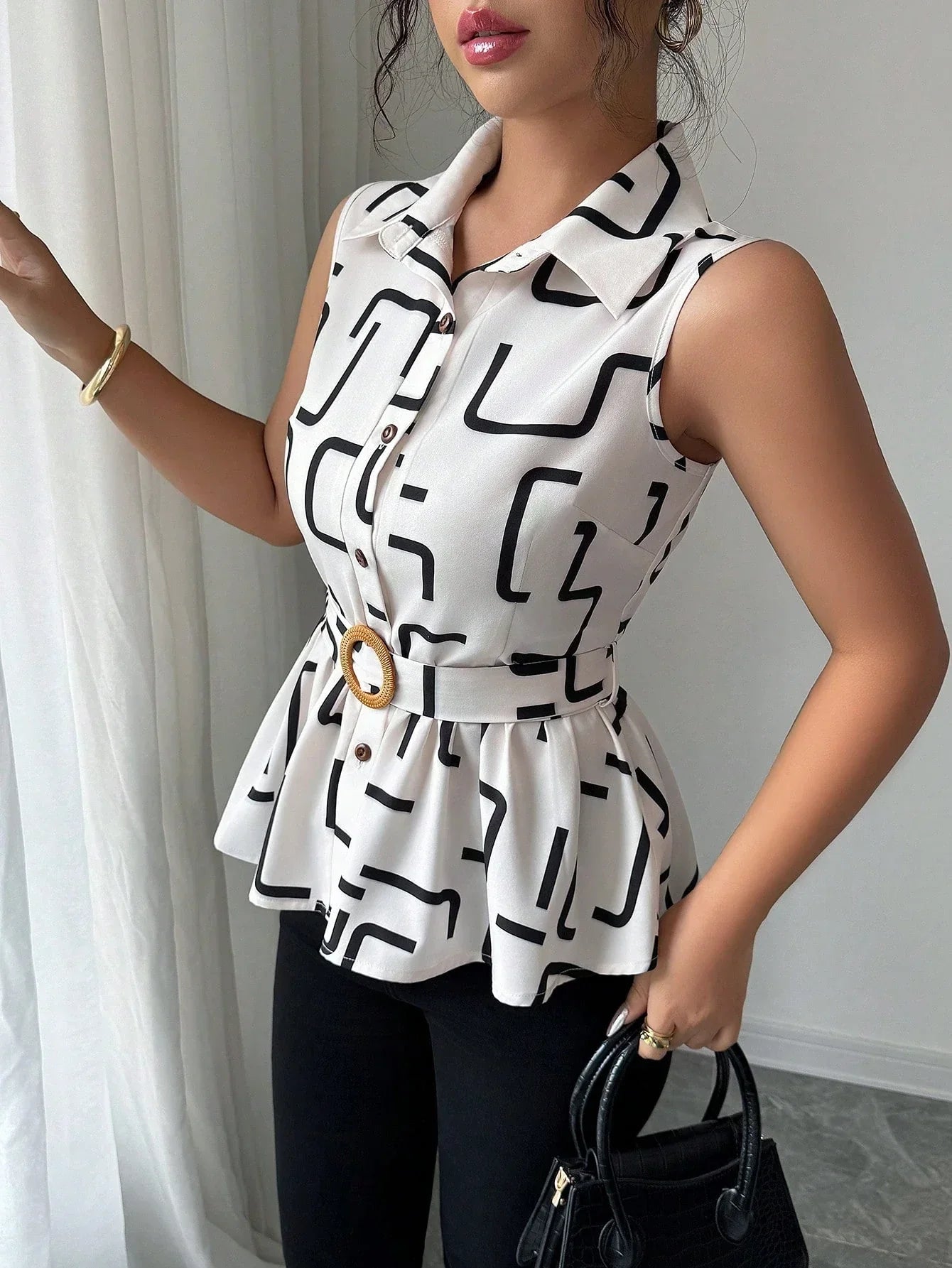 Blouse Géométrique À Ourlet Volanté