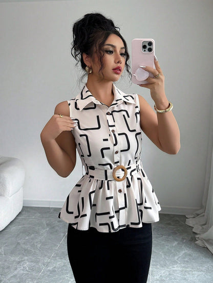 Blouse Géométrique À Ourlet Volanté