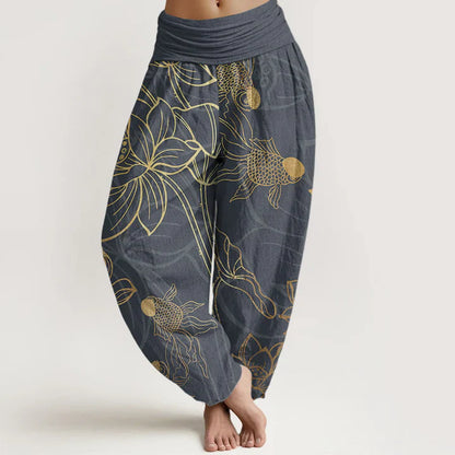 Pantalon harem taille élastique en coton pour femme, motif carpes koï et lotus