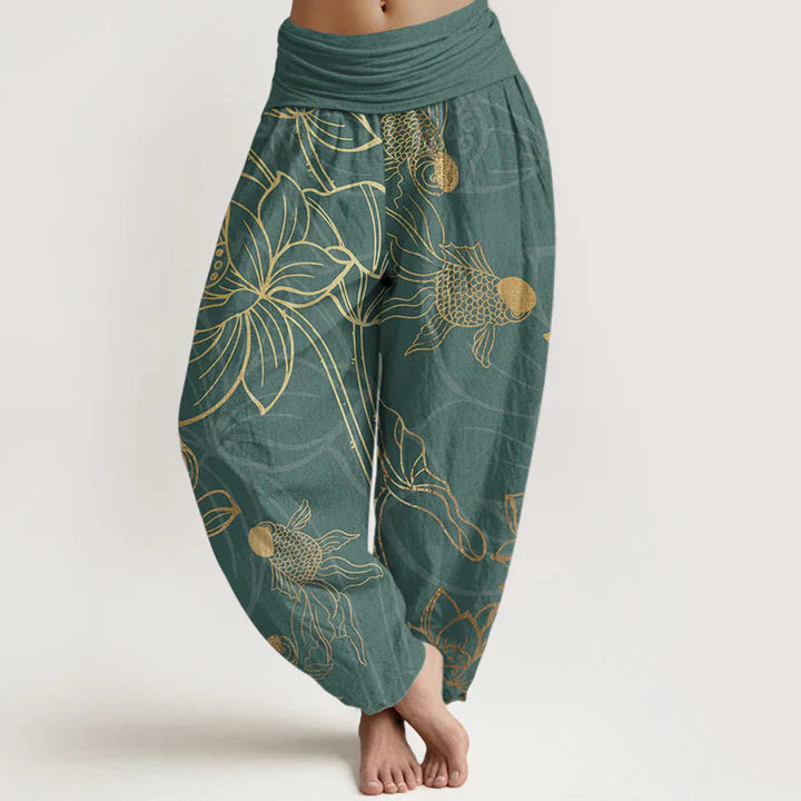 Pantalon harem taille élastique en coton pour femme, motif carpes koï et lotus