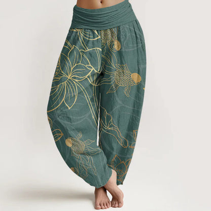 Pantalon harem taille élastique en coton pour femme, motif carpes koï et lotus