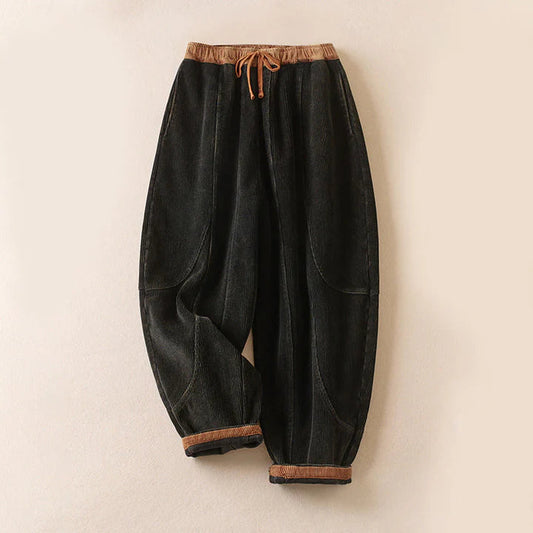 Pantalon Sarouel Femme Thermique en Velours Côtelé avec Poignets Contrastés et Poches