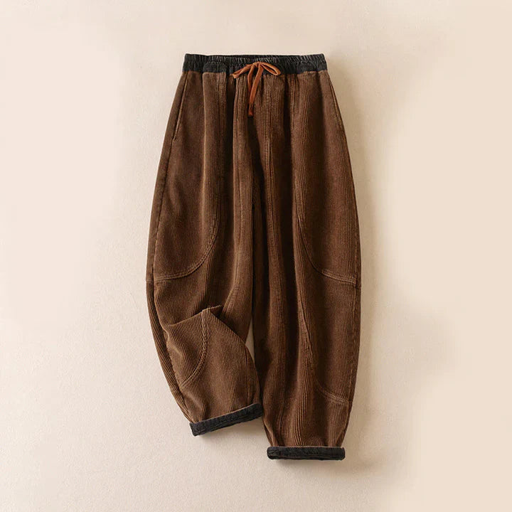 Pantalon Sarouel Femme Thermique en Velours Côtelé avec Poignets Contrastés et Poches