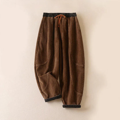 Pantalon Sarouel Femme Thermique en Velours Côtelé avec Poignets Contrastés et Poches
