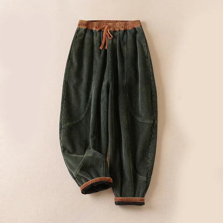 Pantalon Sarouel Femme Thermique en Velours Côtelé avec Poignets Contrastés et Poches