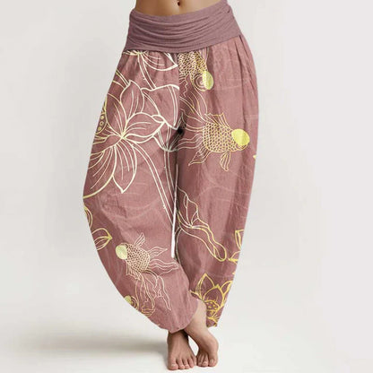 Pantalon harem taille élastique en coton pour femme, motif carpes koï et lotus