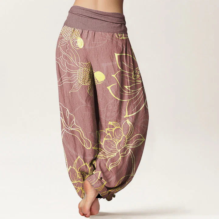Pantalon harem taille élastique en coton pour femme, motif carpes koï et lotus