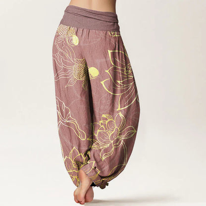 Pantalon harem taille élastique en coton pour femme, motif carpes koï et lotus