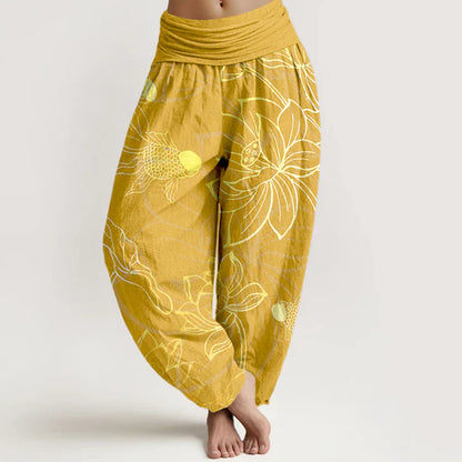 Pantalon harem taille élastique en coton pour femme, motif carpes koï et lotus