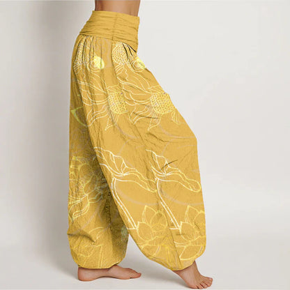 Pantalon harem taille élastique en coton pour femme, motif carpes koï et lotus