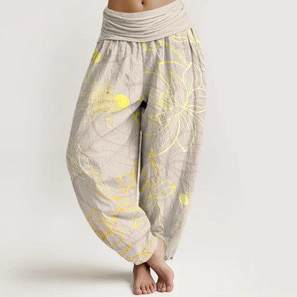 Pantalon harem taille élastique en coton pour femme, motif carpes koï et lotus