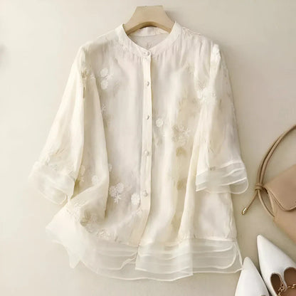 Haut en coton brodé à fleurs pour femme