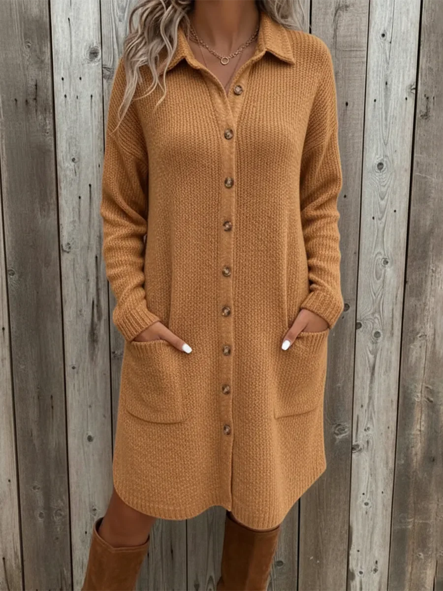 Robe chemise mi-longue en maille pour femme avec poches