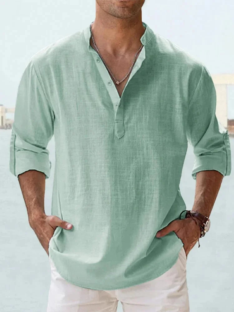 Chemise décontractée à col Henley et manches longues en coton pour homme