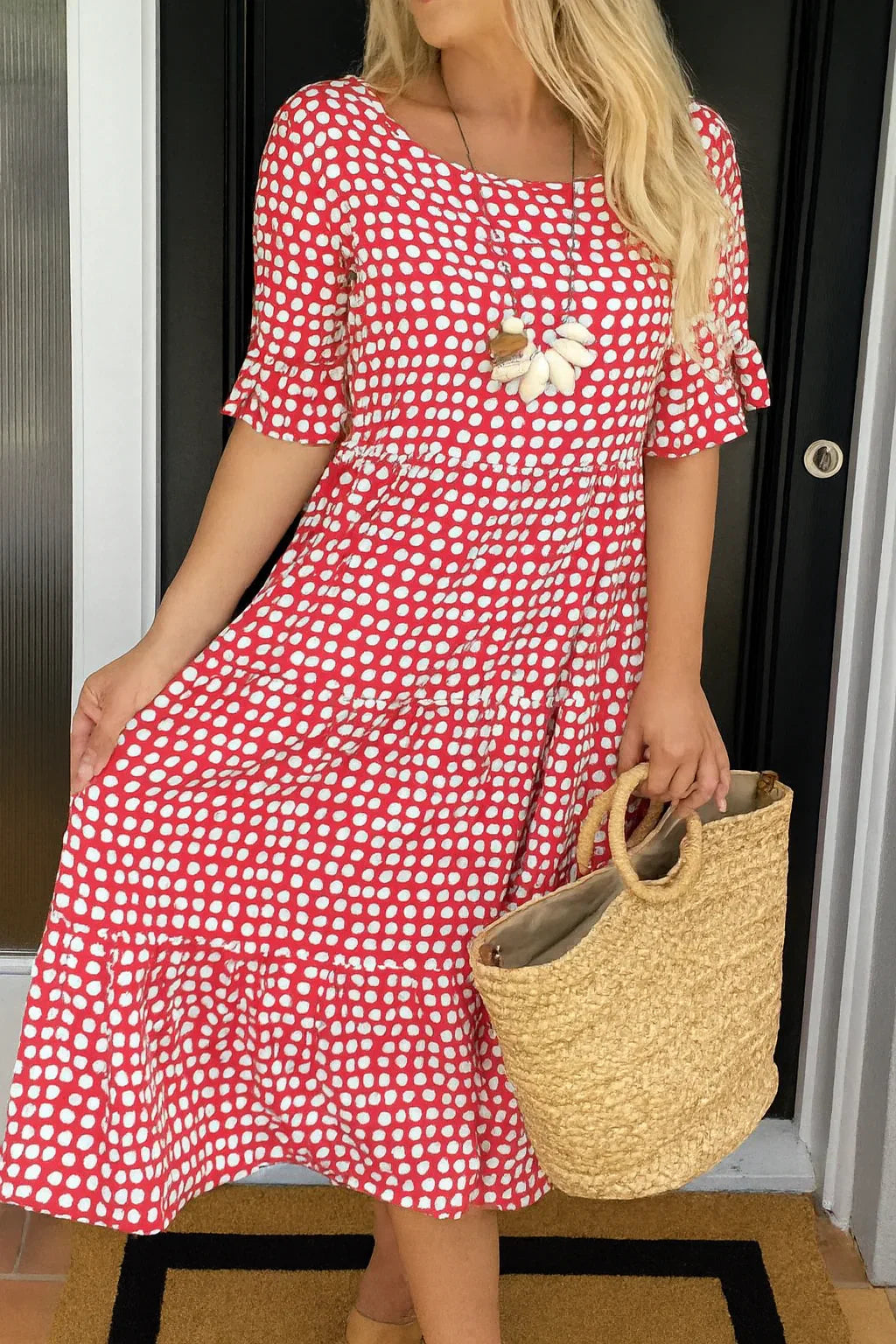 Robe midi évasée à pois pour femme, coupe décontractée