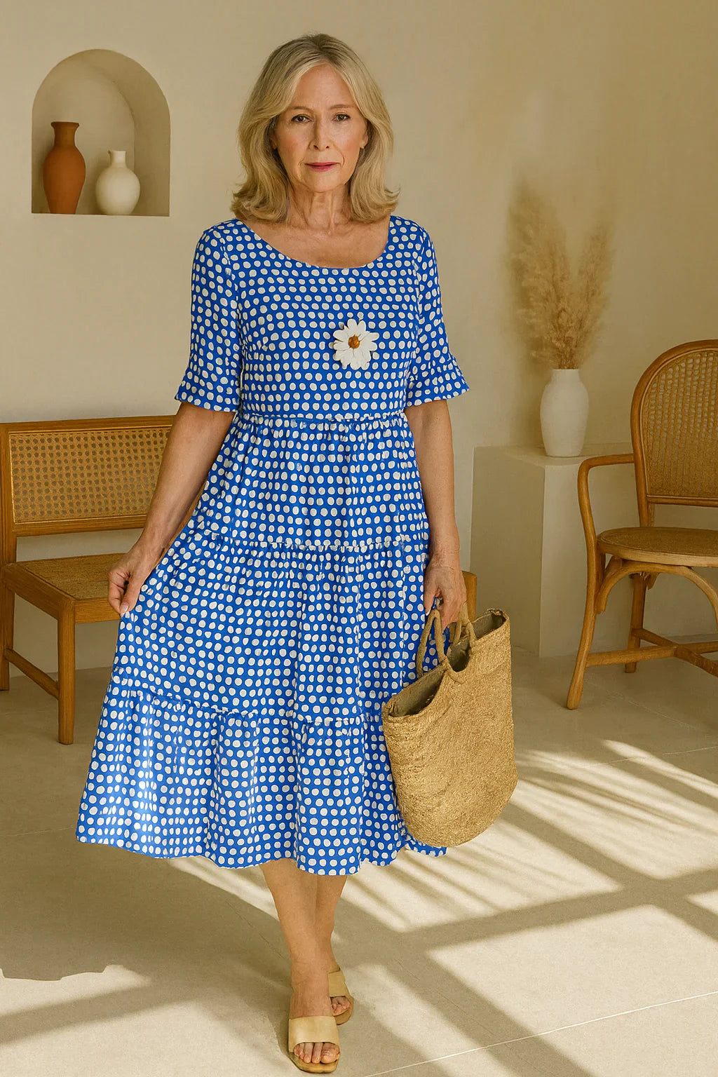 Robe midi évasée à pois pour femme, coupe décontractée