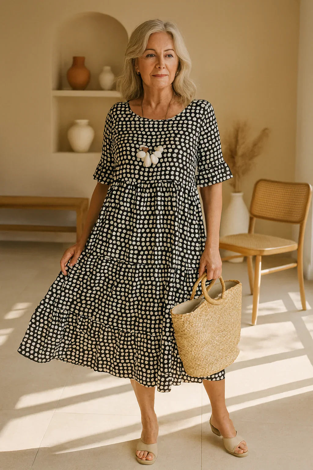 Robe midi évasée à pois pour femme, coupe décontractée
