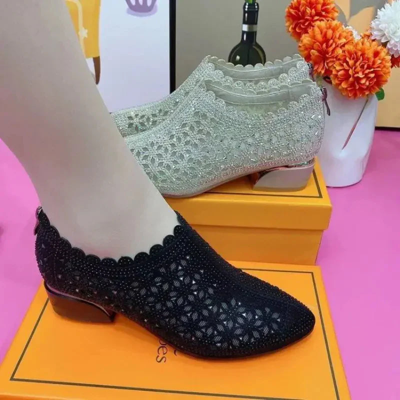 Chaussures à enfiler automnales pour femmes, en maille pailletée et à talon épais