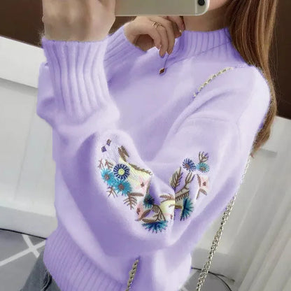 🔥 Pull en maille épaisse effet cachemire avec broderie florale