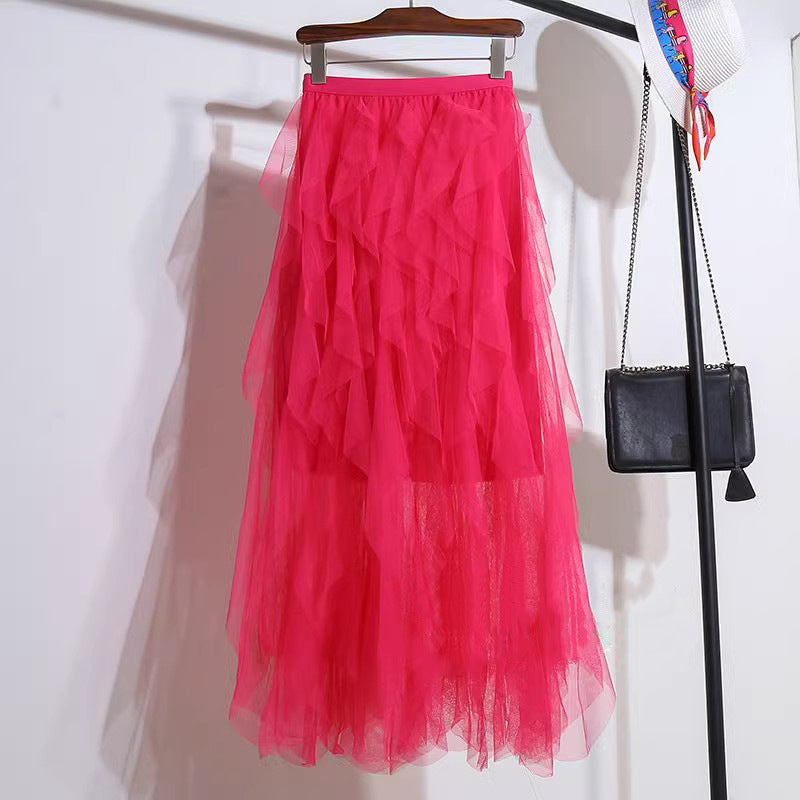Jupe longue asymétrique à volants superposés pour femme