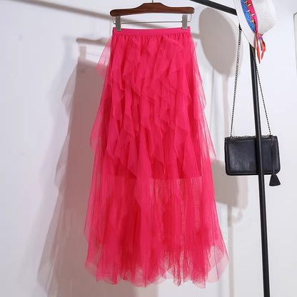Jupe longue asymétrique à volants superposés pour femme
