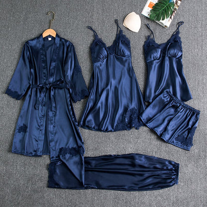 Ensemble de nuit 5 pièces pour femme avec bordure en dentelle soyeuse