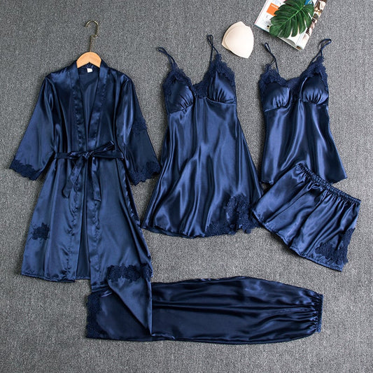 Ensemble de nuit 5 pièces pour femme avec bordure en dentelle soyeuse