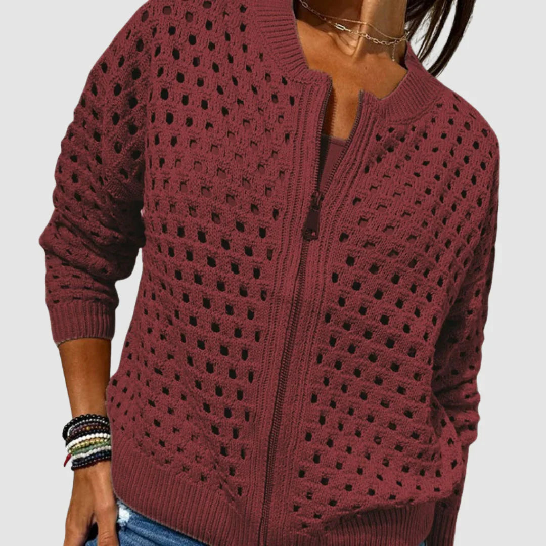 Gilet zippé en maille ajourée texturée pour femme