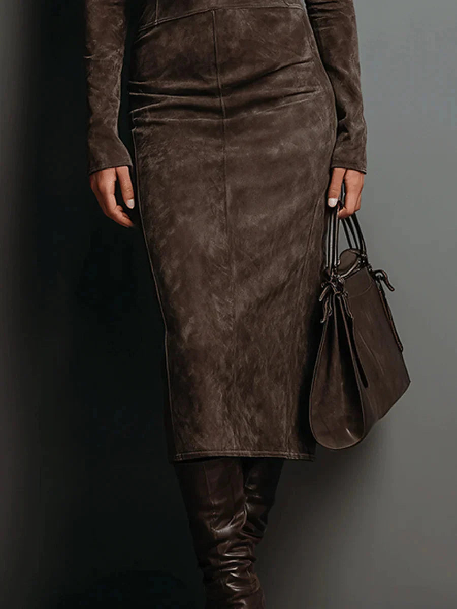 Robe midi à col montant et manches longues effet daim pour femme