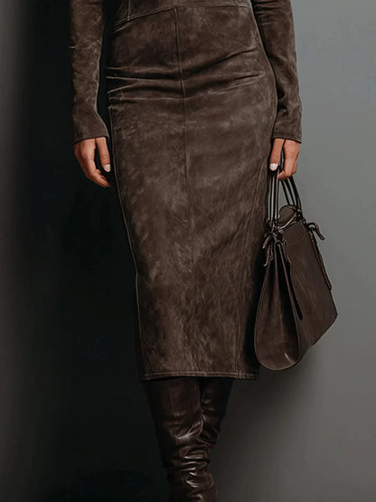 Robe midi à col montant et manches longues effet daim pour femme