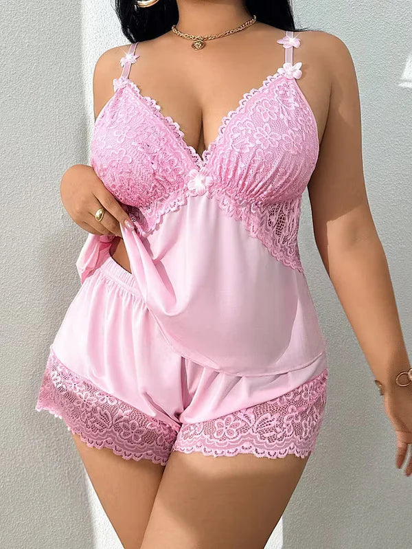 Ensemble Pyjama Caraco Bordé de Dentelle pour Femme