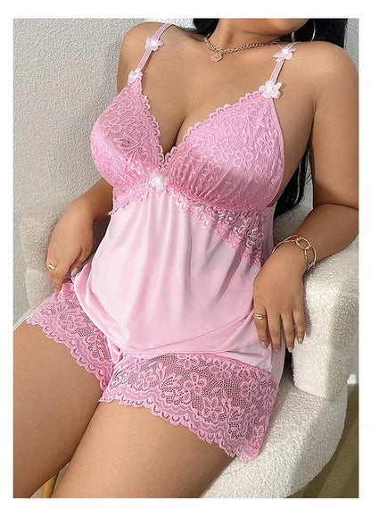 Ensemble Pyjama Caraco Bordé de Dentelle pour Femme