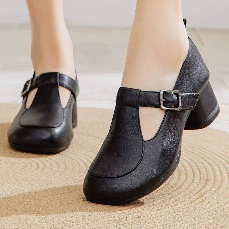 Chaussures rétro pour femmes à bout rond et talon épais avec bride