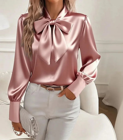 Chemisier en satin pour femme, col en V et nœud papillon