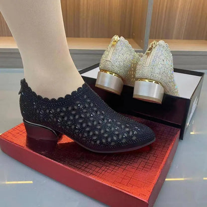 Chaussures à enfiler automnales pour femmes, en maille pailletée et à talon épais