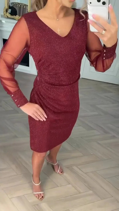 Robe à manches en résille et col en V scintillant pour femme, longueur genou