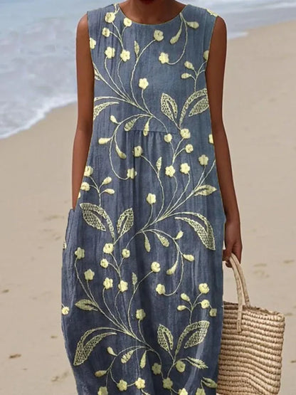 Robe sans manches à imprimé floral pour femme, en coton et lin