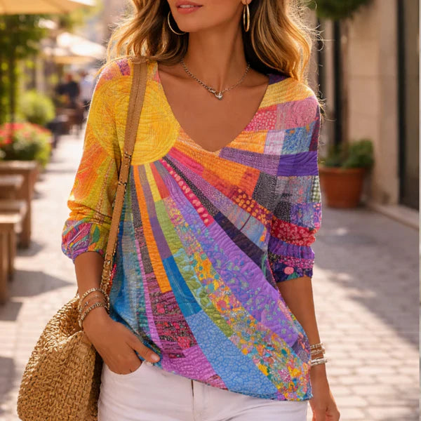 Chemisier coloré à col en V et motif patchwork pour femme