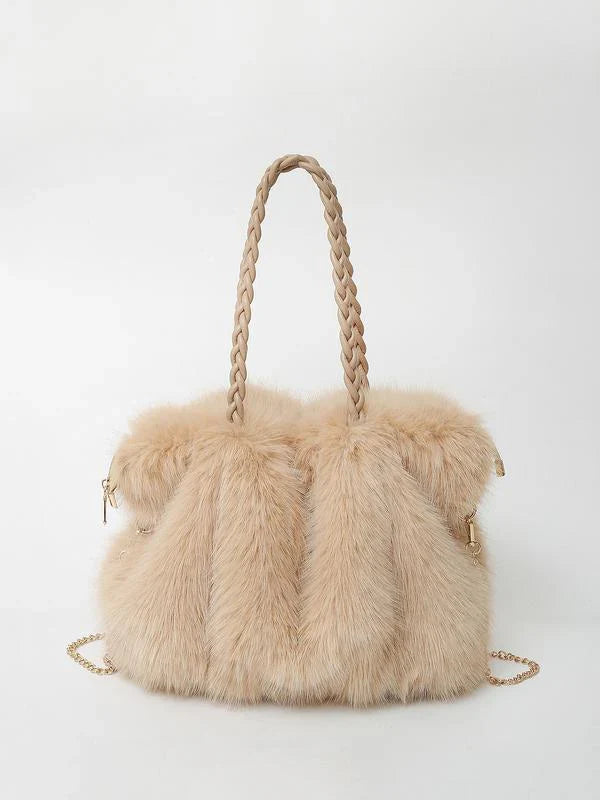 Sac cabas bandoulière en fausse fourrure avec anse tressée pour femme