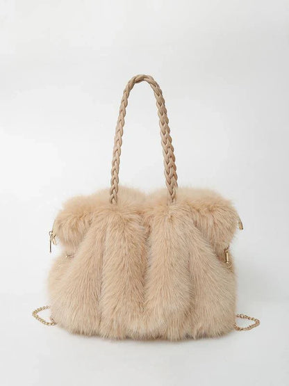 Sac cabas bandoulière en fausse fourrure avec anse tressée pour femme