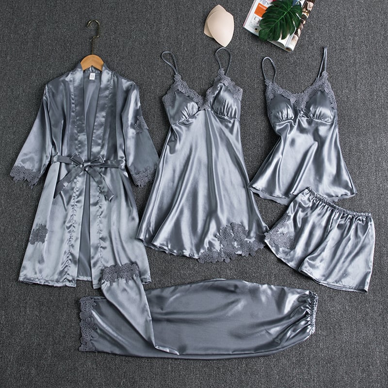 Ensemble de nuit 5 pièces pour femme avec bordure en dentelle soyeuse