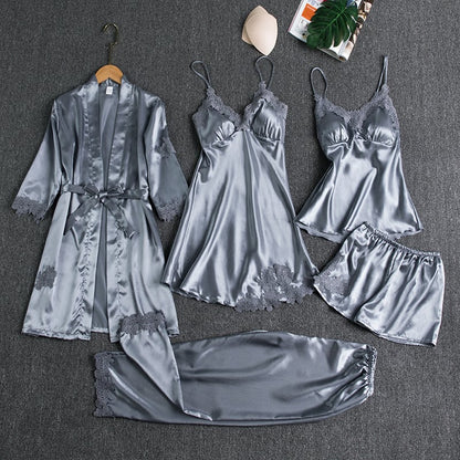 Ensemble de nuit 5 pièces pour femme avec bordure en dentelle soyeuse